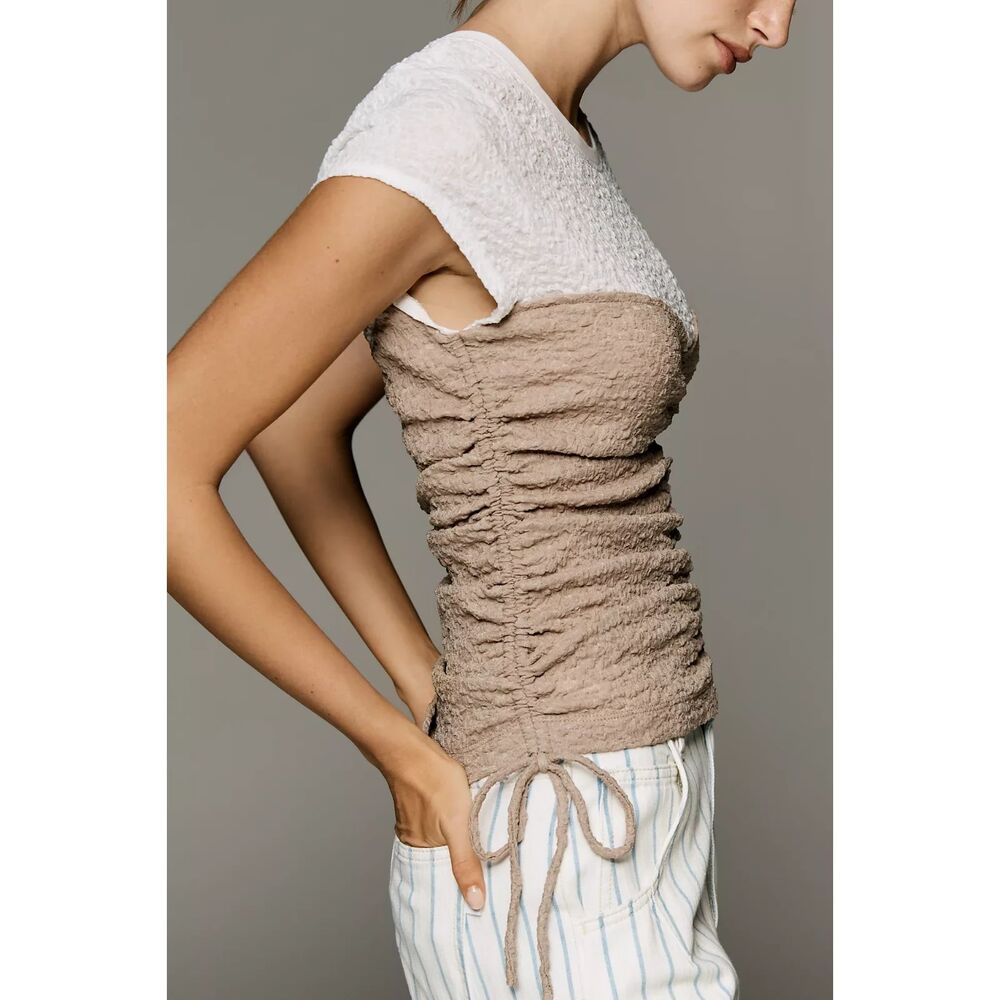 Anthropologie Maeve Ruched Corset Short-Sleeve Top Sesame/White SZ S NWT Coastal - Picture 3 of 4
